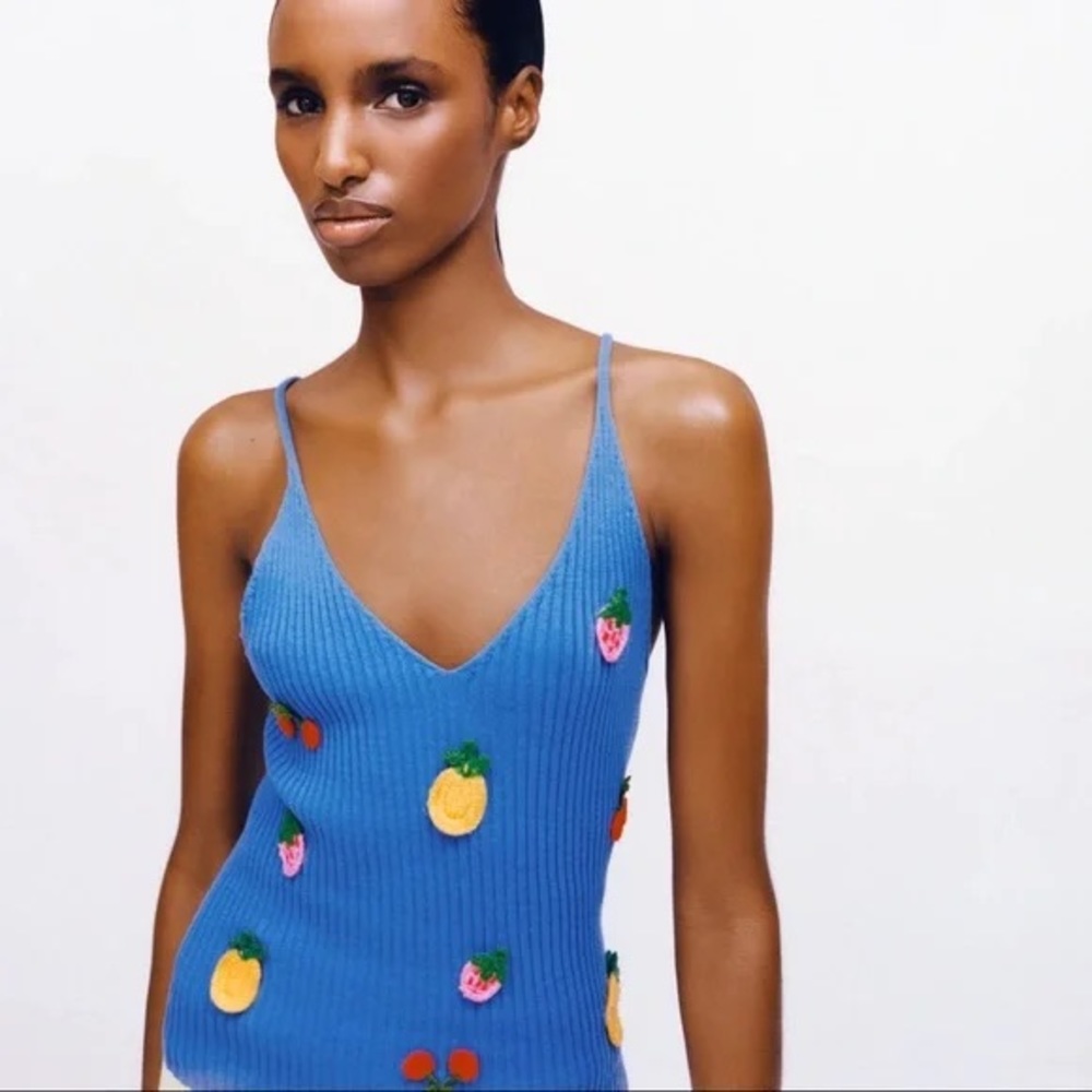 Zara blue tank with fruit embroidery